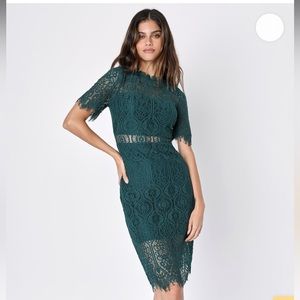 Lulus Remarkable Forest Green Shear Lace Dress